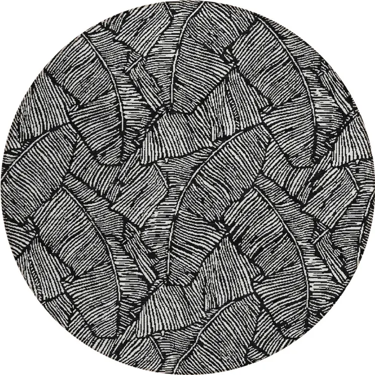 8' Black And Ivory Round Floral Washable Indoor Outdoor Area Rug