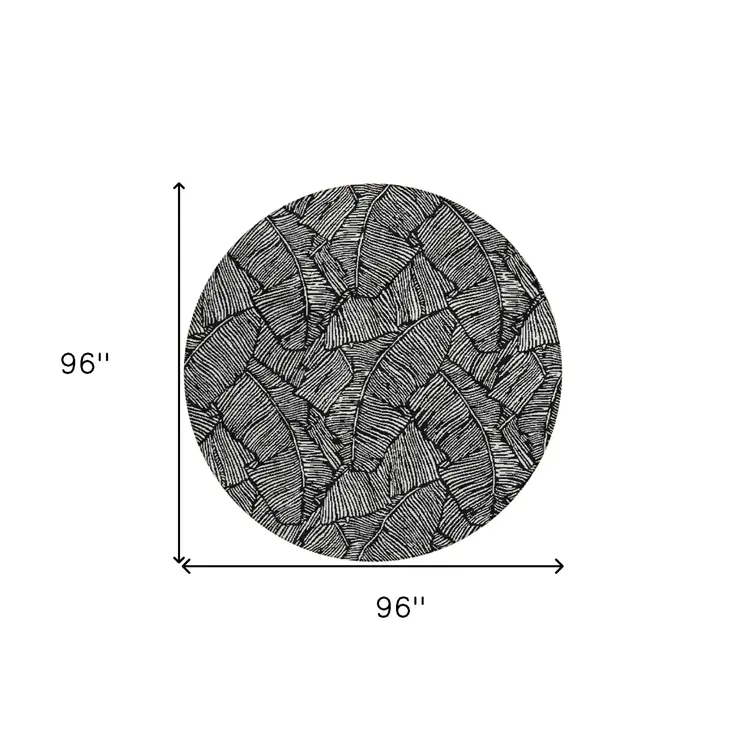 8' Black And Ivory Round Floral Washable Indoor Outdoor Area Rug