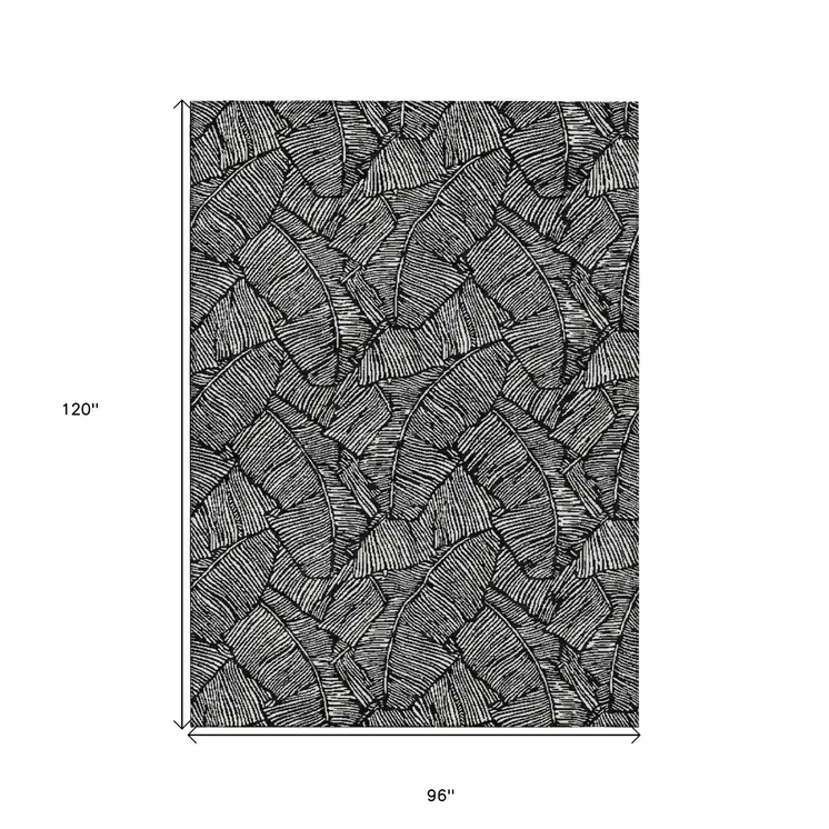 8' X 10' Black And Ivory Floral Washable Indoor Outdoor Area Rug