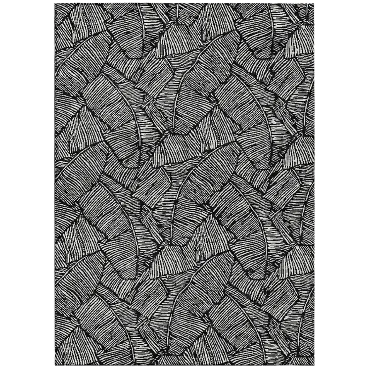 8' X 10' Black And Ivory Floral Washable Indoor Outdoor Area Rug