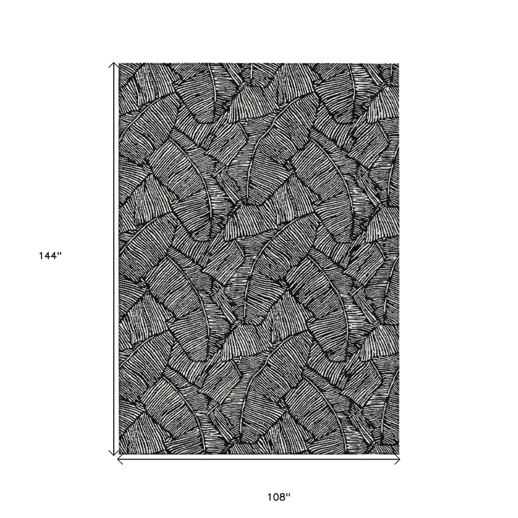 9' X 12' Black And Ivory Floral Washable Indoor Outdoor Area Rug