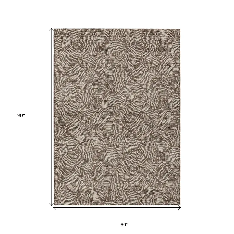5' X 8' Brown And Beige Floral Washable Indoor Outdoor Area Rug