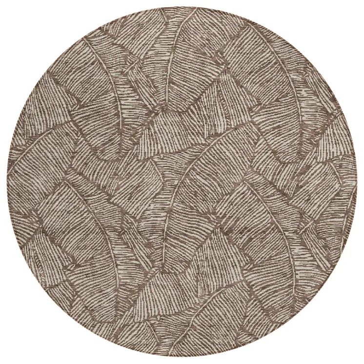 8' Brown And Beige Round Floral Washable Indoor Outdoor Area Rug