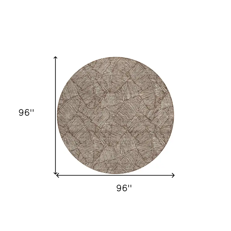 8' Brown And Beige Round Floral Washable Indoor Outdoor Area Rug