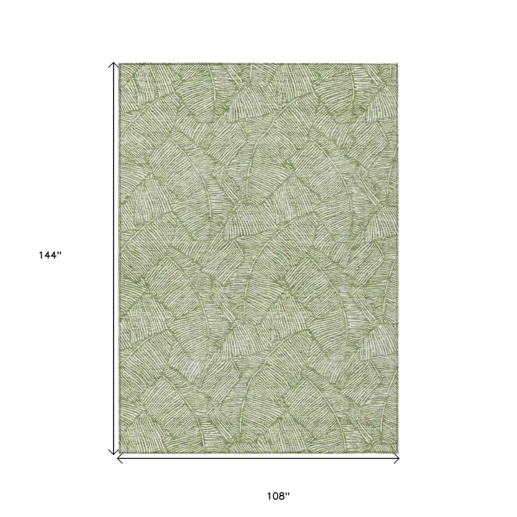 9' X 12' Green And Ivory Floral Washable Indoor Outdoor Area Rug