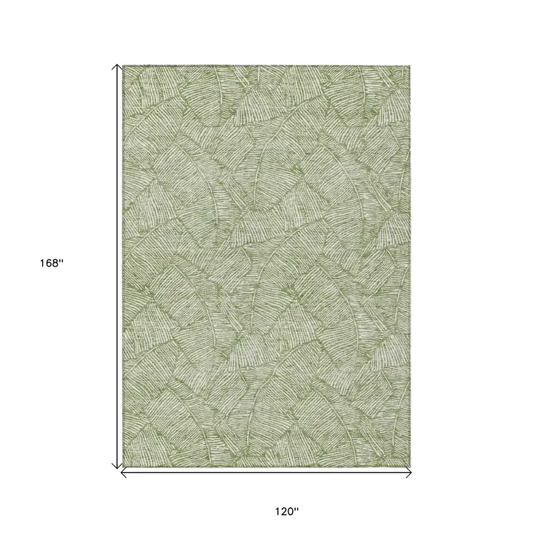 10' X 14' Green And Ivory Floral Washable Indoor Outdoor Area Rug