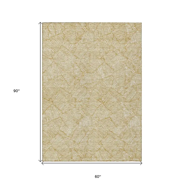 5' X 8' Gold And Beige Floral Washable Indoor Outdoor Area Rug