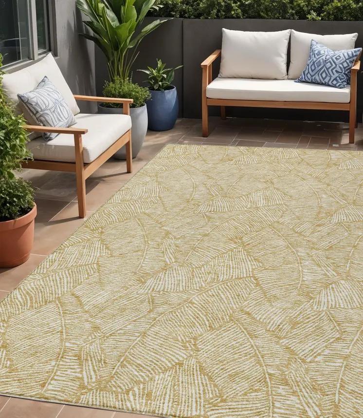 5' X 8' Gold And Beige Floral Washable Indoor Outdoor Area Rug
