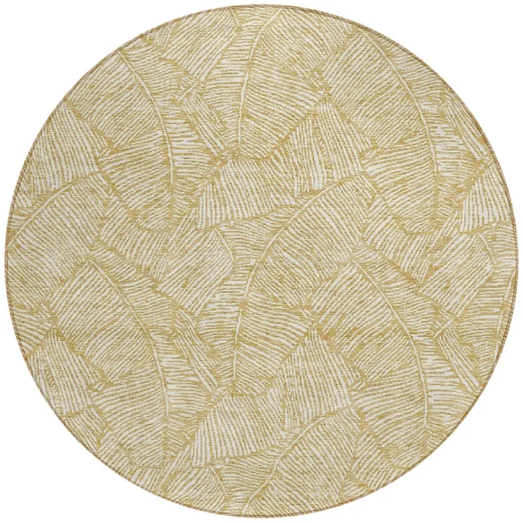 8' Gold And Beige Round Floral Washable Indoor Outdoor Area Rug
