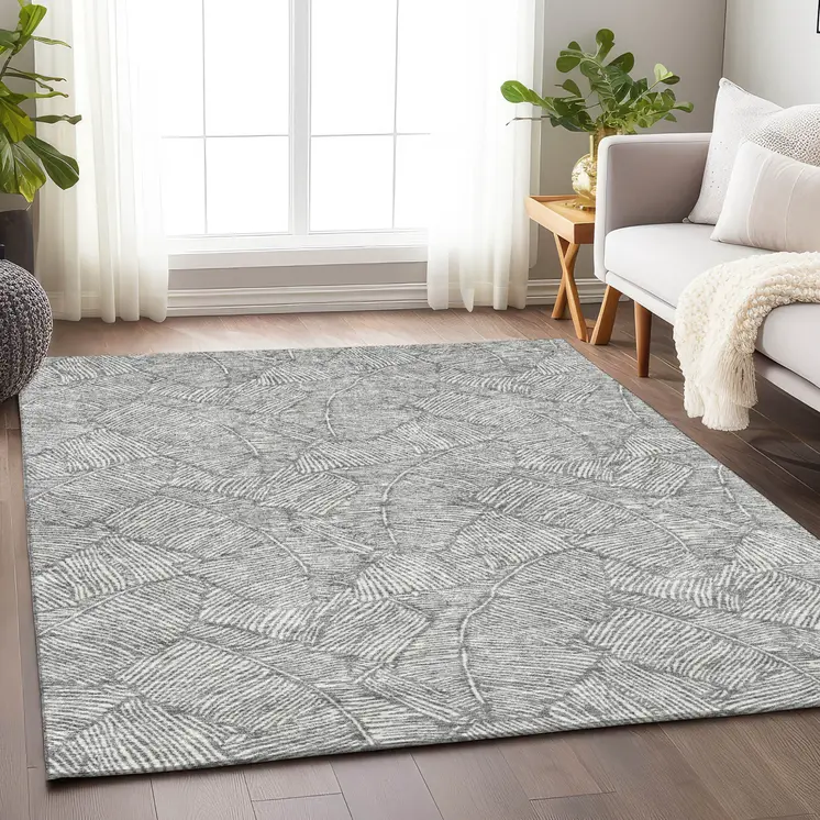 5' X 8' Gray And Ivory Floral Washable Indoor Outdoor Area Rug