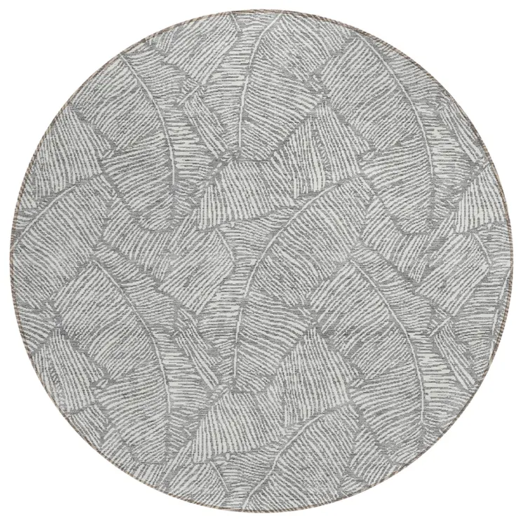 8' Gray And Ivory Round Floral Washable Indoor Outdoor Area Rug