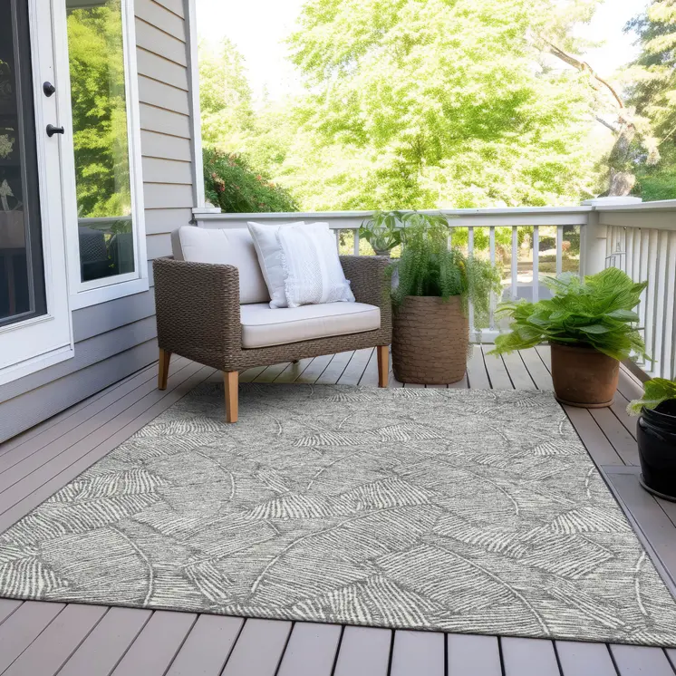 10' X 14' Gray And Ivory Floral Washable Indoor Outdoor Area Rug