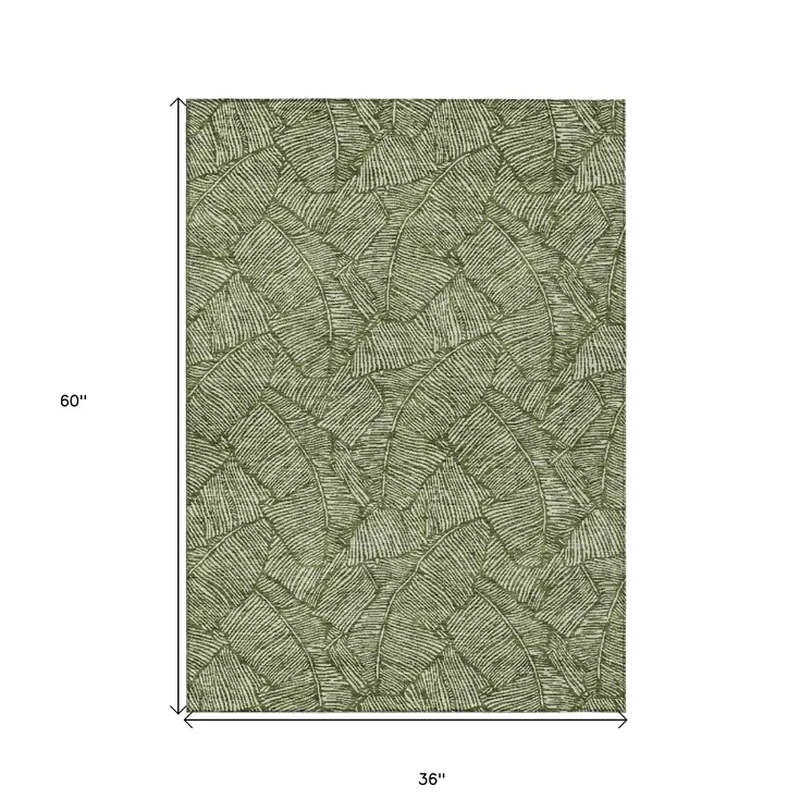 3' X 5' Olive Green And Light Green Floral Washable Indoor Outdoor Area Rug