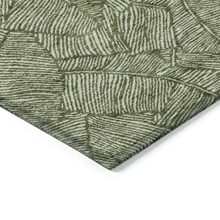 5' X 8' Olive Green And Light Green Floral Washable Indoor Outdoor Area Rug