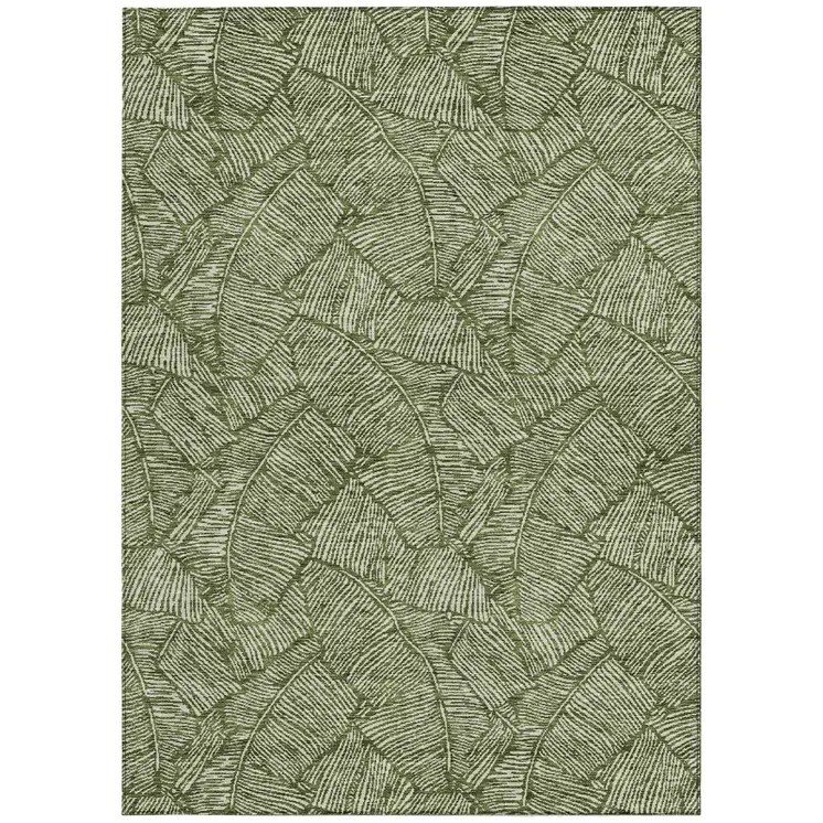 5' X 8' Olive Green And Light Green Floral Washable Indoor Outdoor Area Rug