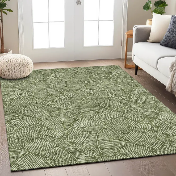 5' X 8' Olive Green And Light Green Floral Washable Indoor Outdoor Area Rug