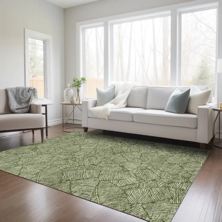 5' X 8' Olive Green And Light Green Floral Washable Indoor Outdoor Area Rug