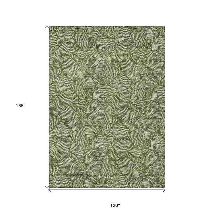 10' X 14' Olive Green And Light Green Floral Washable Indoor Outdoor Area Rug