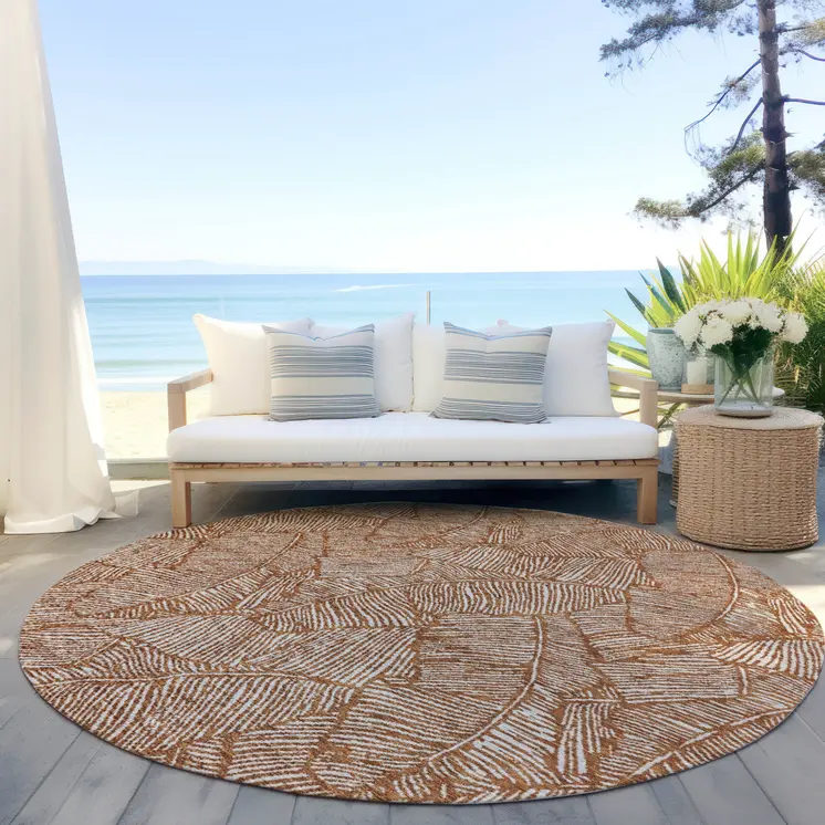 8' Copper And Beige Round Floral Washable Indoor Outdoor Area Rug