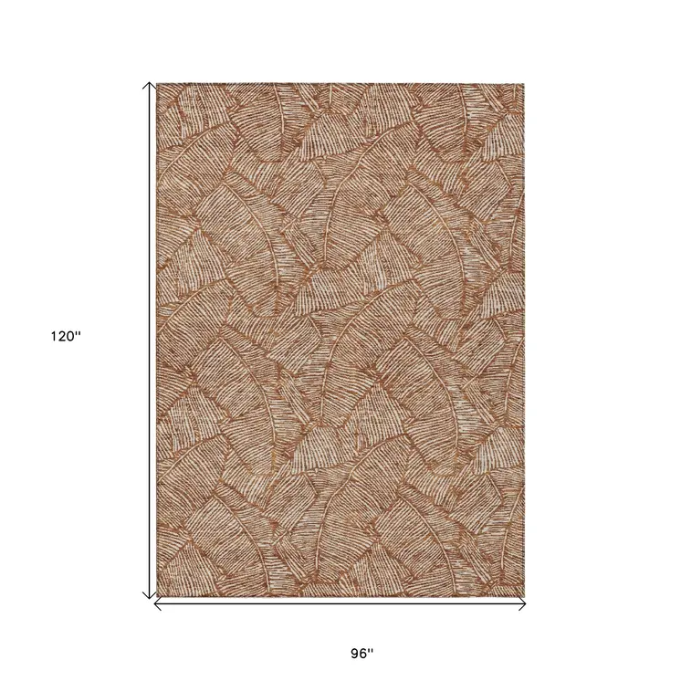 8' X 10' Copper And Beige Floral Washable Indoor Outdoor Area Rug