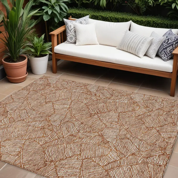8' X 10' Copper And Beige Floral Washable Indoor Outdoor Area Rug
