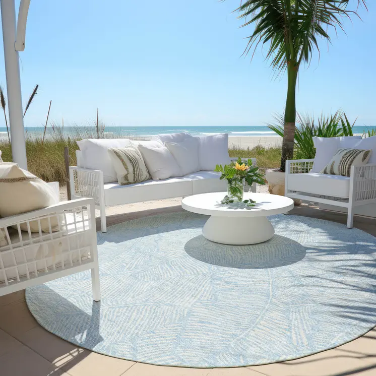 8' Sky Blue And Ivory Round Floral Washable Indoor Outdoor Area Rug