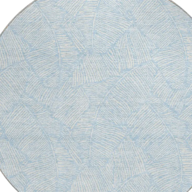 8' Sky Blue And Ivory Round Floral Washable Indoor Outdoor Area Rug