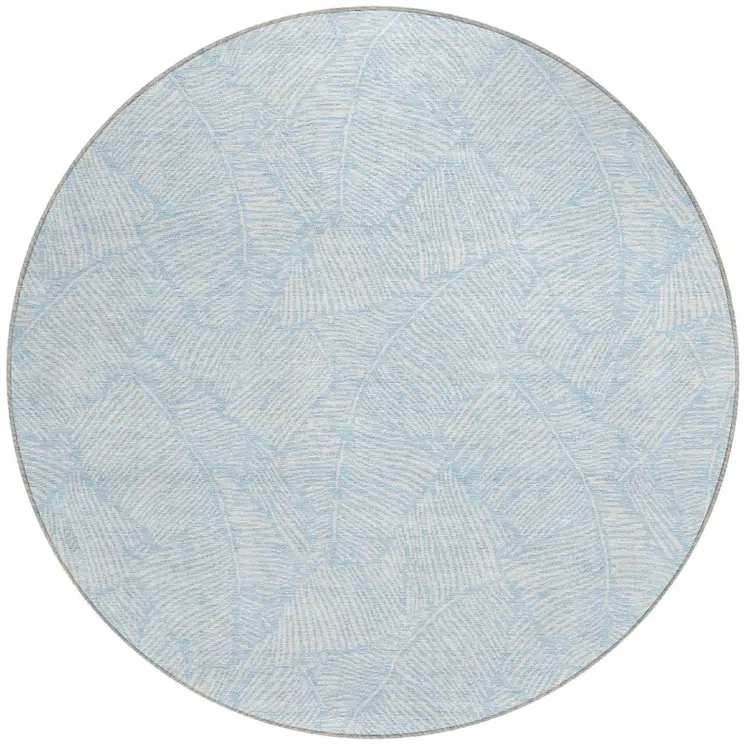 8' Sky Blue And Ivory Round Floral Washable Indoor Outdoor Area Rug