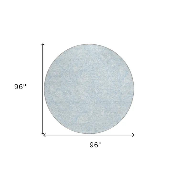 8' Sky Blue And Ivory Round Floral Washable Indoor Outdoor Area Rug