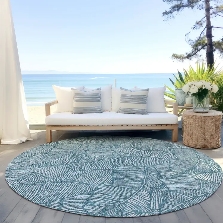 8' Teal Blue And Ivory Round Floral Washable Indoor Outdoor Area Rug