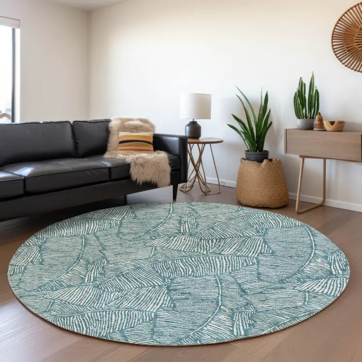 8' Teal Blue And Ivory Round Floral Washable Indoor Outdoor Area Rug