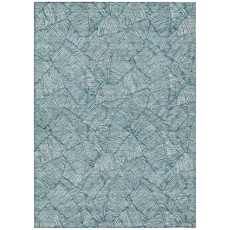 8' X 10' Teal Blue And Ivory Floral Washable Indoor Outdoor Area Rug