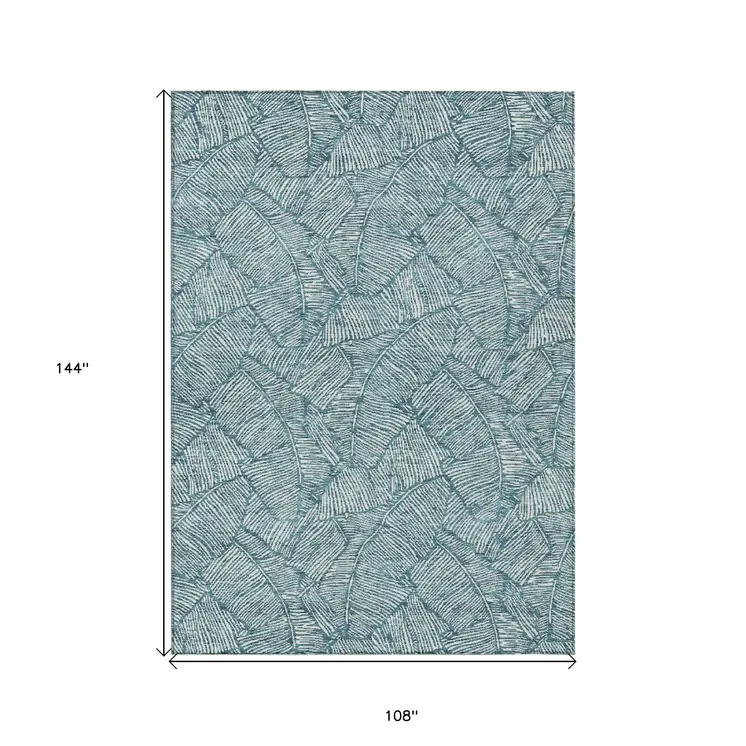 9' X 12' Teal Blue And Ivory Floral Washable Indoor Outdoor Area Rug