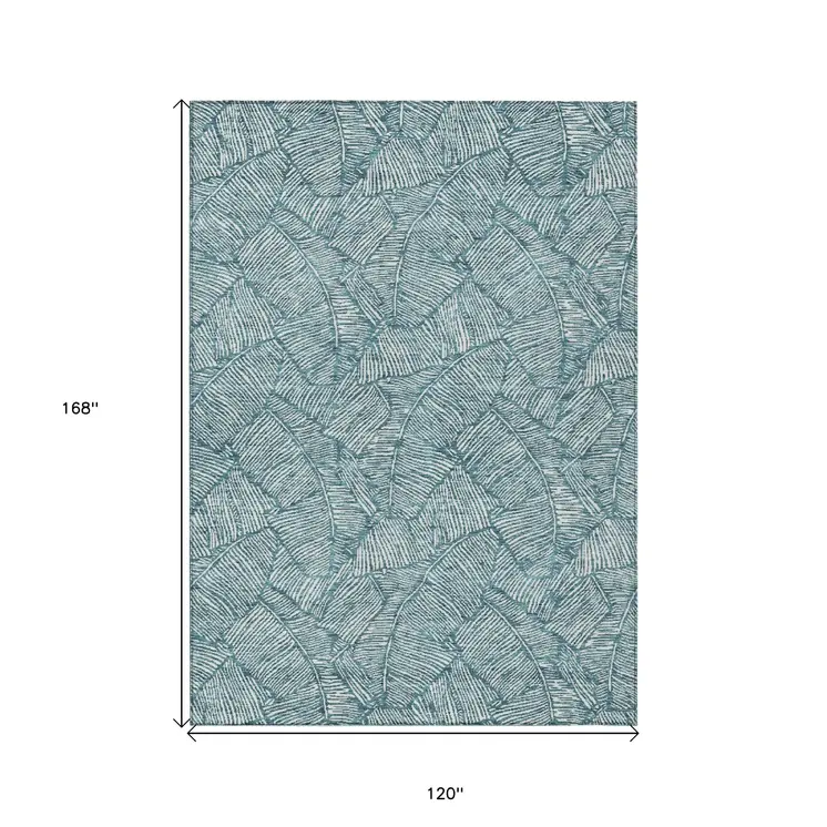 10' X 14' Teal Blue And Ivory Floral Washable Indoor Outdoor Area Rug