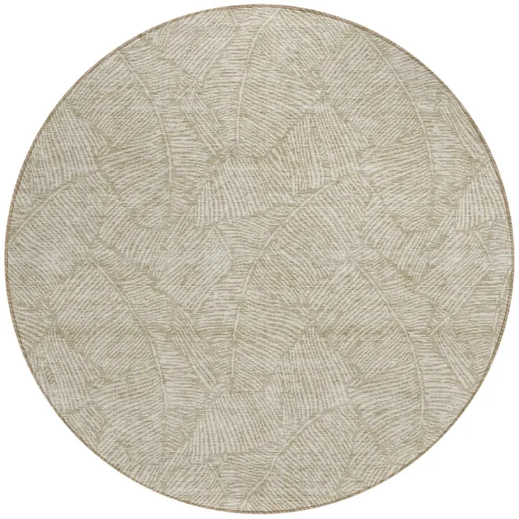 8' Taupe And Ivory Round Floral Washable Indoor Outdoor Area Rug