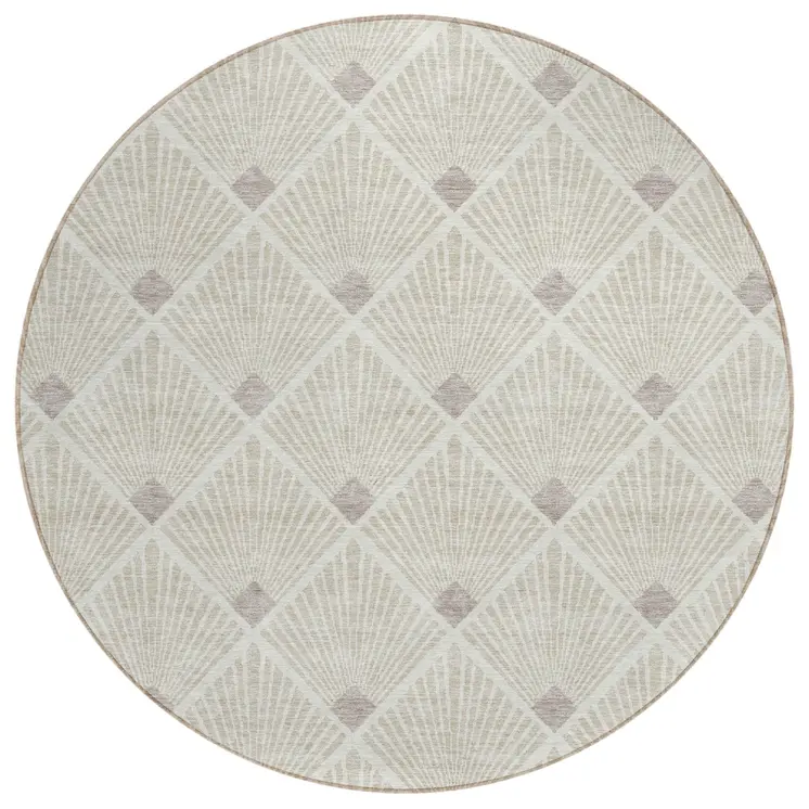 8' Beige And Ivory Round Geometric Washable Indoor Outdoor Area Rug