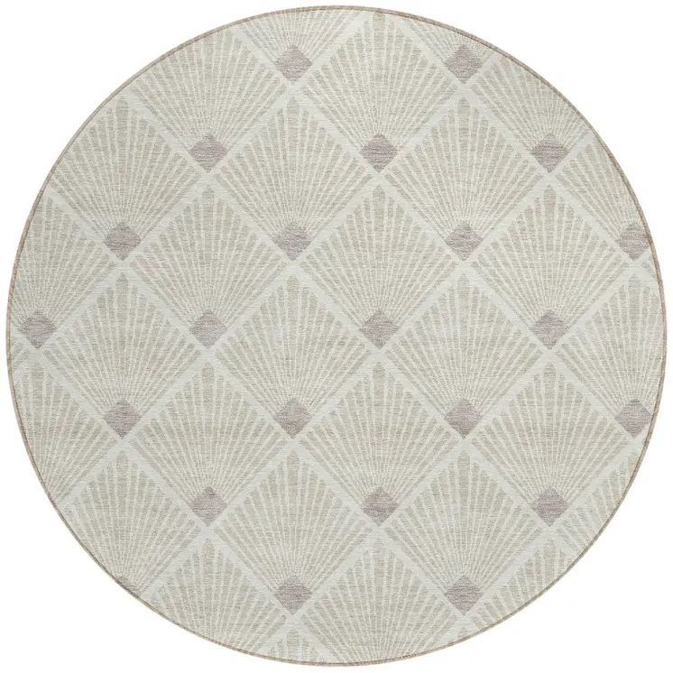 8' Beige And Ivory Round Geometric Washable Indoor Outdoor Area Rug