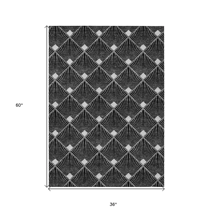 3' X 5' Black Gray And Ivory Geometric Washable Indoor Outdoor Area Rug