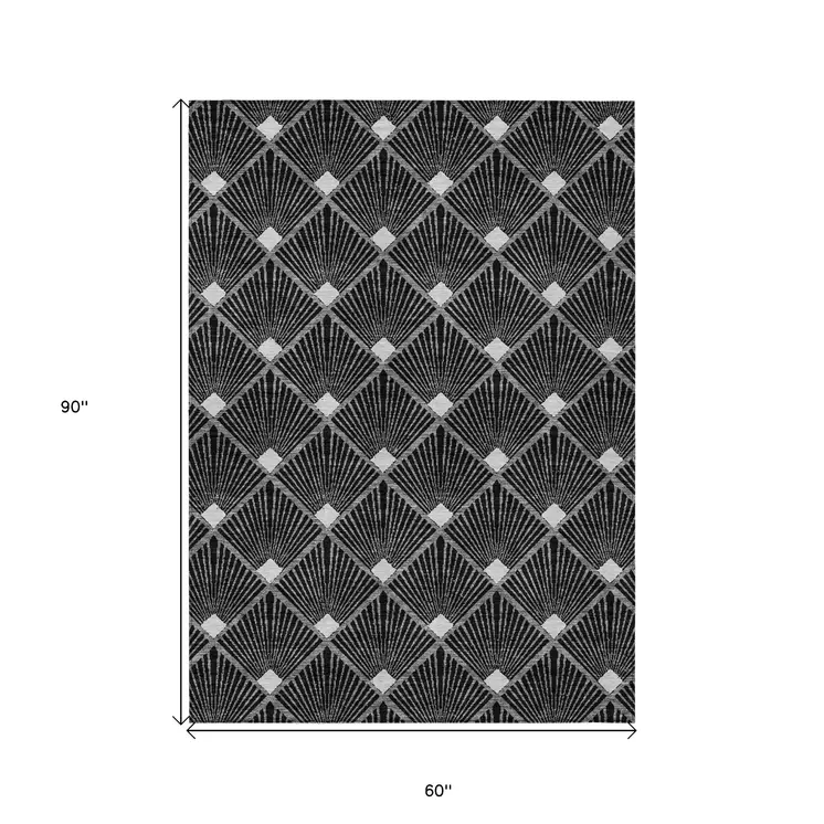 5' X 8' Black Gray And Ivory Geometric Washable Indoor Outdoor Area Rug