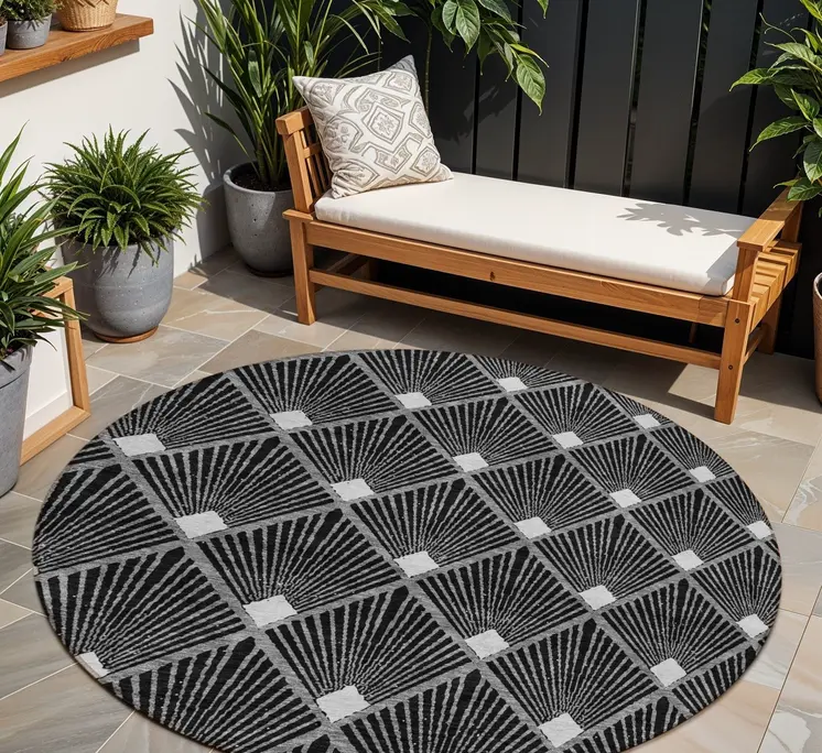 8' Black Gray And Ivory Round Geometric Washable Indoor Outdoor Area Rug