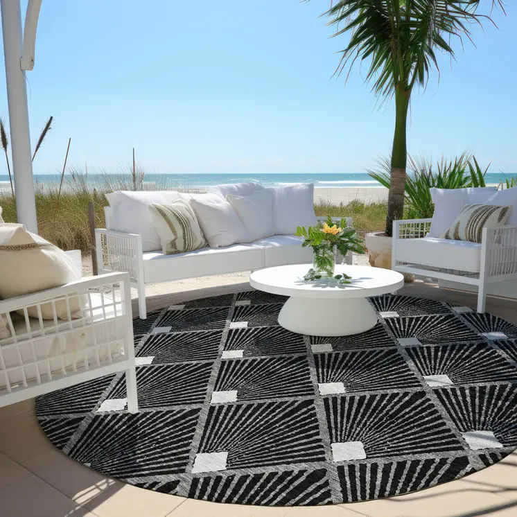 8' Black Gray And Ivory Round Geometric Washable Indoor Outdoor Area Rug