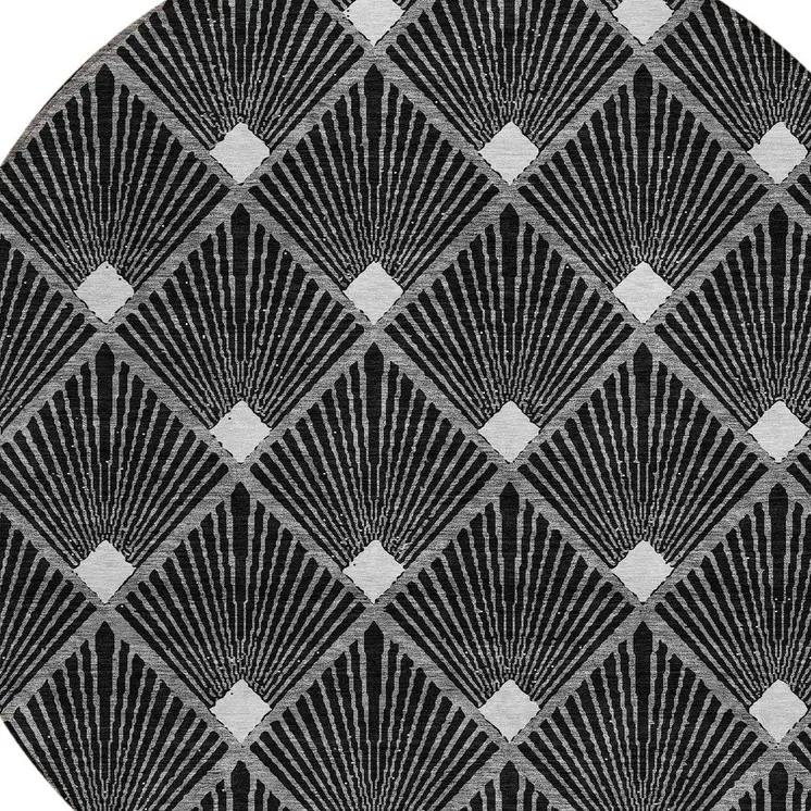 8' Black Gray And Ivory Round Geometric Washable Indoor Outdoor Area Rug
