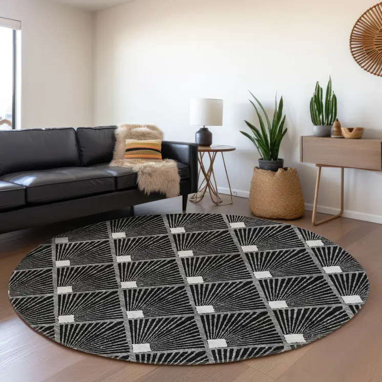 8' Black Gray And Ivory Round Geometric Washable Indoor Outdoor Area Rug