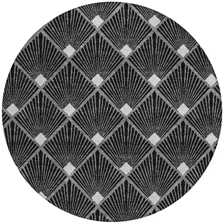 8' Black Gray And Ivory Round Geometric Washable Indoor Outdoor Area Rug