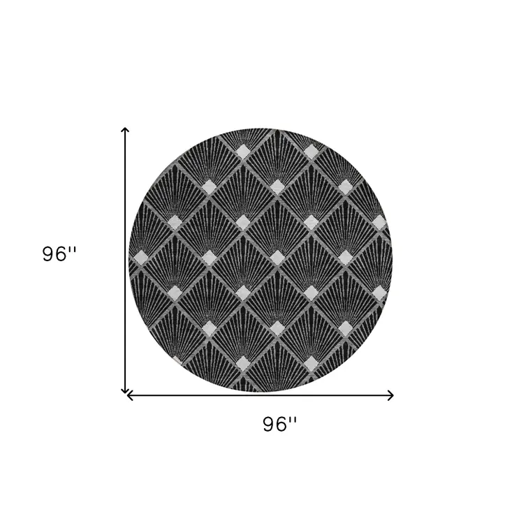 8' Black Gray And Ivory Round Geometric Washable Indoor Outdoor Area Rug