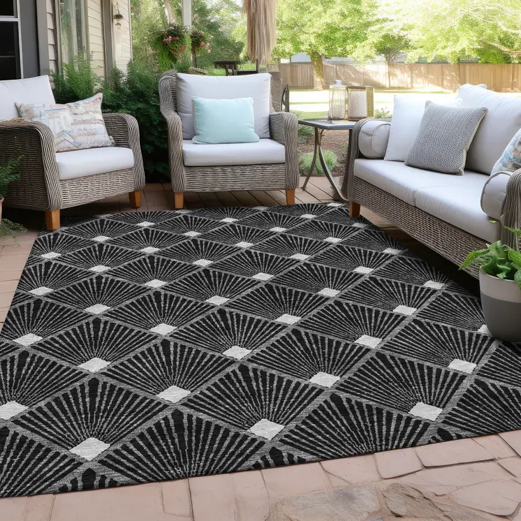 8' X 10' Black Gray And Ivory Geometric Washable Indoor Outdoor Area Rug