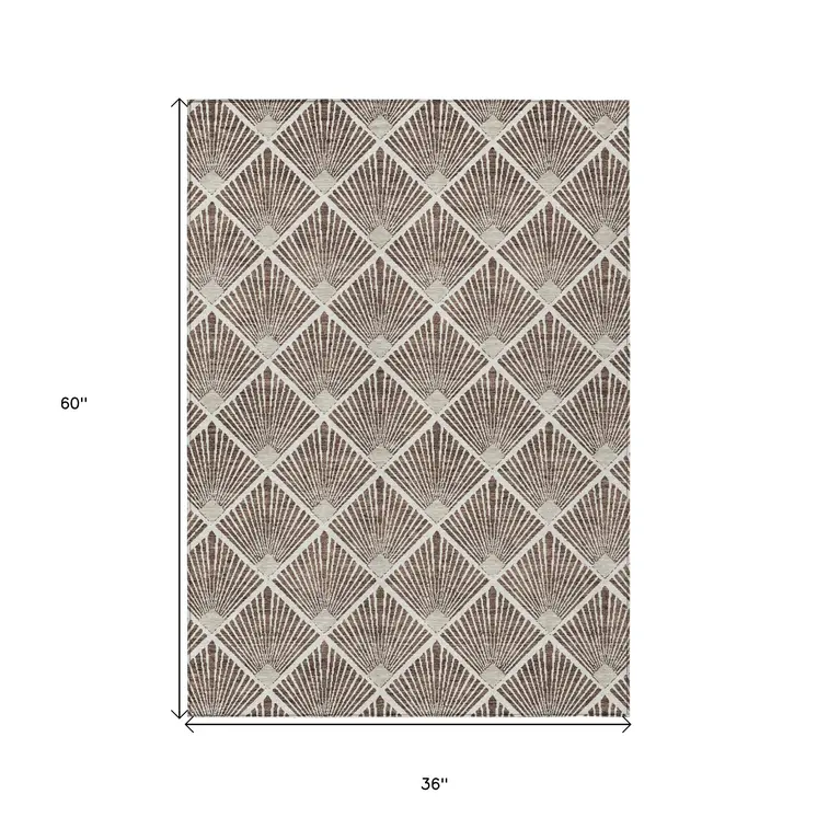 3' X 5' Brown And Beige Geometric Washable Indoor Outdoor Area Rug