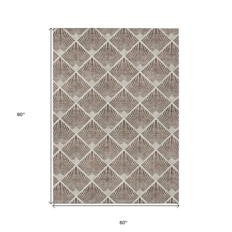5' X 8' Brown And Beige Geometric Washable Indoor Outdoor Area Rug