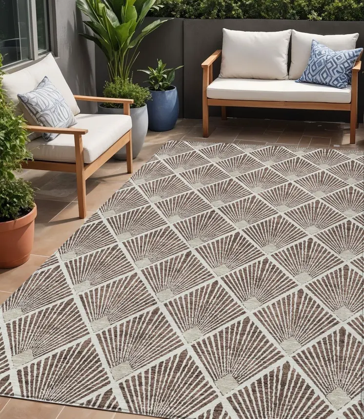 5' X 8' Brown And Beige Geometric Washable Indoor Outdoor Area Rug