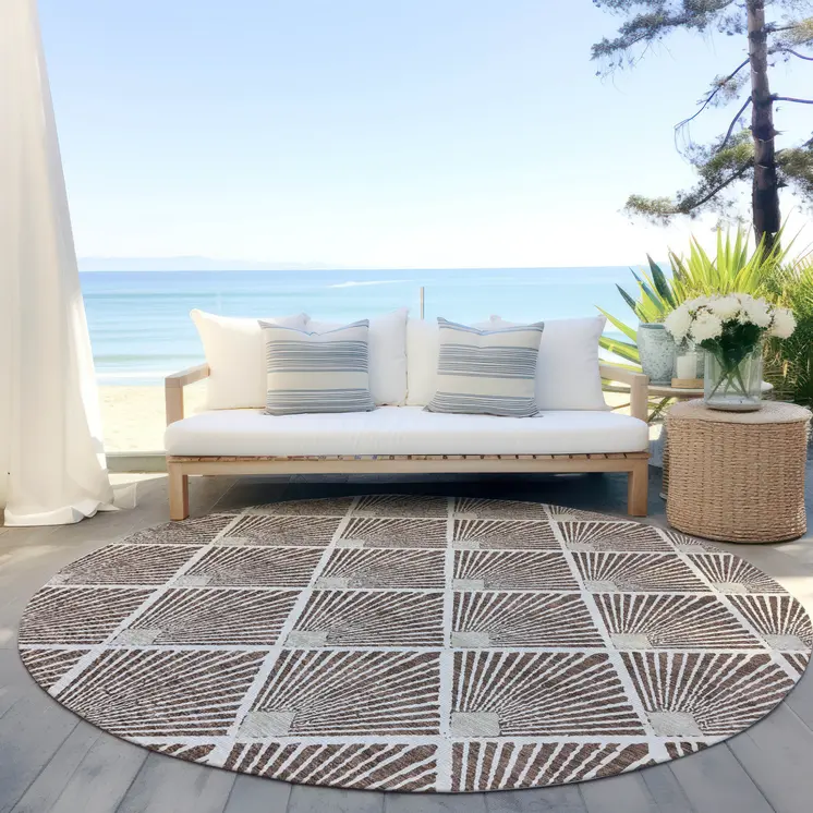 8' Brown And Beige Round Geometric Washable Indoor Outdoor Area Rug